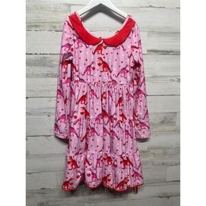 Cheeky Plum Dinosaur Heart Dress Kids 12Y Pink Red Peter Pan Collar EUC